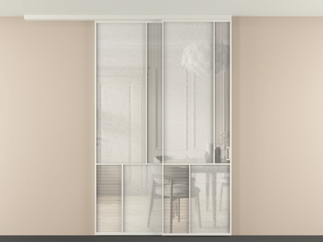 Перегородка Mosaic вдоль стены на потолок 2 створки с синхронным механизмом АЛПР 041.21 Алюминий Белый Рифлёное стекло "Дюна", триплекс, 6 мм + Фактурное стекло "Лёд", триплекс. Скрытый короб БЕЛ Цена 345520 ₽ . Фабрика дверей Волховец 8 (800) 551 43 19 Перегородка Mosaic вдоль стены на потолок 2 створки с синхронным механизмом АЛПР 041.21 Алюминий Белый Рифлёное стекло "Дюна", триплекс, 6 мм + Фактурное стекло "Лёд", триплекс Цена 345520 ₽ | Volhovec