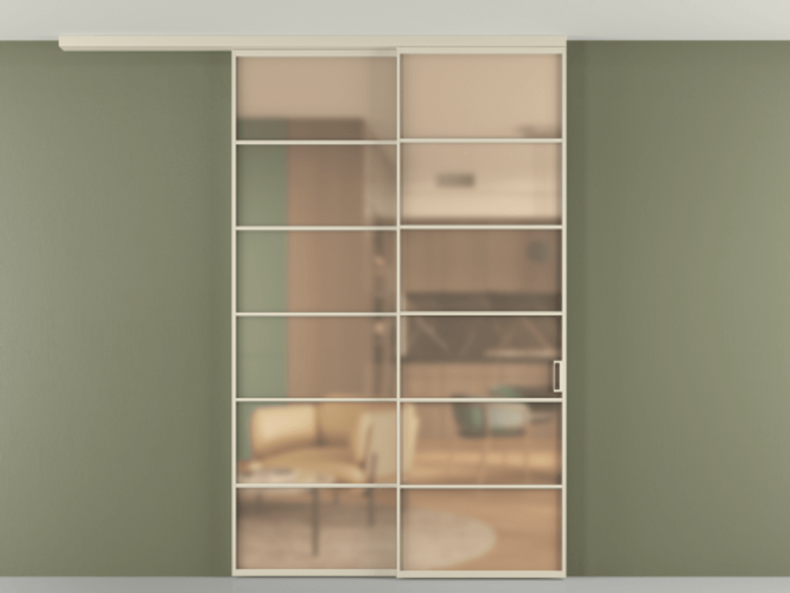 Перегородка Формато вдоль стены на потолок 2 створки с синхронным механизмом АЛПР 040.04 Алюминий бежево-серый Сатинированное оранжевое стекло, триплекс Цена 291704 ₽ | Volhovec