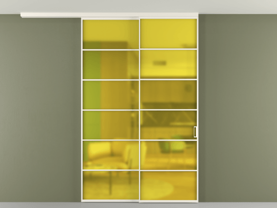 Алюминевая перегородка pv2_2_04_ Алюминий пудровый белый Сатинированное жёлтое стекло, триплекс, 6мм. Цвет Алюминий пудровый белый. Материал Алюминий в эмали. Коллекция Перегородка Формато вдоль стены на потолок 2 створки с синхронным механизмом. Картинка.