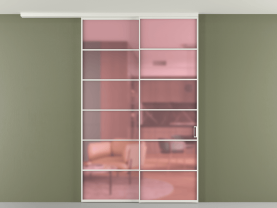 Алюминевая перегородка pv2_2_04_ Алюминий светло-серый Сатинированное розовое стекло, триплекс, 6мм. Цвет Алюминий светло-серый. Материал Алюминий в эмали. Коллекция Перегородка Формато вдоль стены на потолок 2 створки с синхронным механизмом. Картинка.