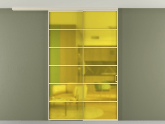 Алюминевая перегородка pv2_2_04_ Алюминий бежево-серый Сатинированное жёлтое стекло, триплекс, 6мм. Цвет Алюминий бежево-серый. Материал Алюминий в эмали. Коллекция Перегородка Формато вдоль стены на потолок 2 створки с синхронным механизмом. Картинка.